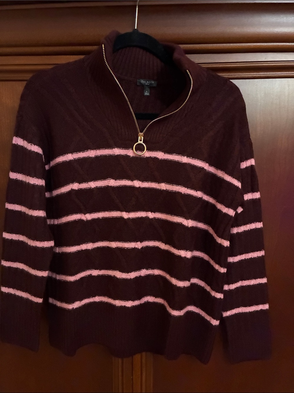Talbots Burgundy and Pink Striped Half-Zip Turtleneck Sweater